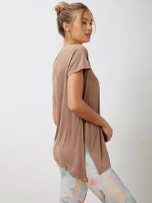 SHEIN Modal Asymmetrical Hem Sports T-Shirt - Apricot - View 2