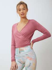 SHEIN Modal Cropped Wrap Sports T-Shirt - Dusty Pink - View 4