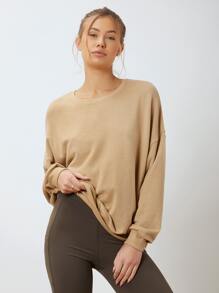 SHEIN Unity 粘膠纖維超大套頭衫 - 卡其色 - 查看 4