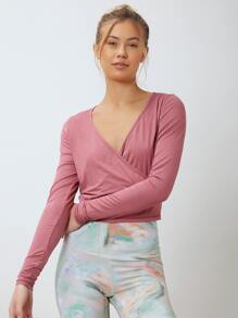 SHEIN Modal Cropped Wrap Sports T-Shirt - Dusty Pink - View 5