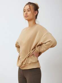 SHEIN Unity 粘膠纖維超大套頭衫 - 卡其色 - 查看 5