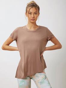 SHEIN Modal Asymmetrical Hem Sports T-Shirt - Apricot - View 6