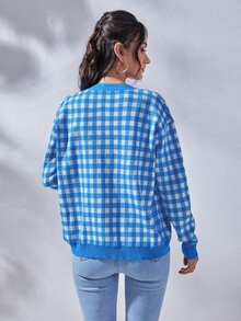 Mulvari 格子圖案落肩袖開襟衫 - 藍白色 - 查看 2