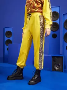 Nidhi 拼接亮片側接縫腰部抽繩衛褲 - 黃色 - 查看 1