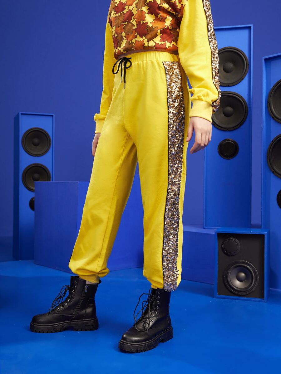 Nidhi 拼接亮片側接縫腰部抽繩衛褲 - 黃色 - 查看 1