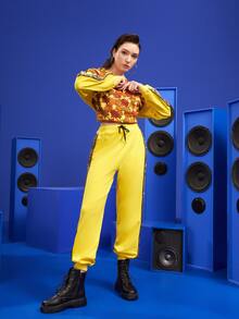 Nidhi 拼接亮片側接縫腰部抽繩衛褲 - 黃色 - 查看 4