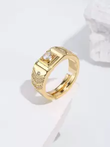 時尚流行男士方晶鋯石裝飾銅戒指適合珠寶禮物和時尚外觀 - 金黃色 - 查看 1