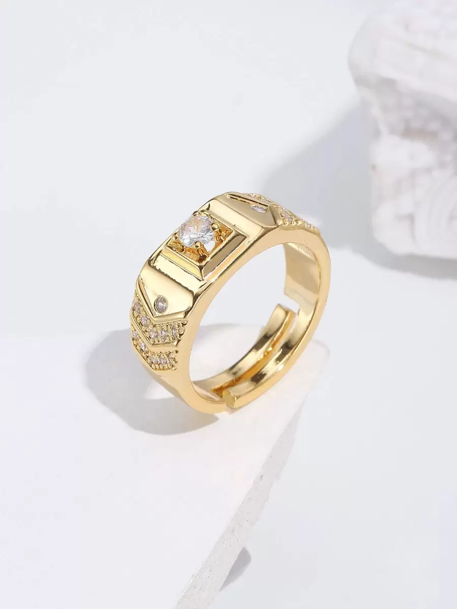 時尚流行男士方晶鋯石裝飾銅戒指適合珠寶禮物和時尚外觀 - 金黃色 - 查看 1