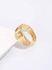 時尚流行男士方晶鋯石裝飾銅戒指適合珠寶禮物和時尚外觀 - 金黃色 - 查看 2