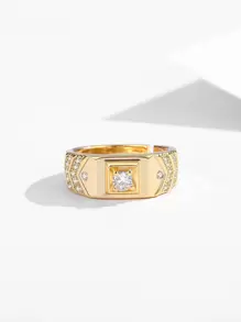 時尚流行男士方晶鋯石裝飾銅戒指適合珠寶禮物和時尚外觀 - 金黃色 - 查看 3