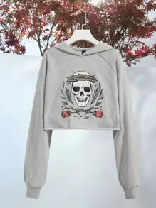 Alterfanart Hoodie Bộ xương & In hoa Tay Raglan - Màu Xám nhạt - Xem 1