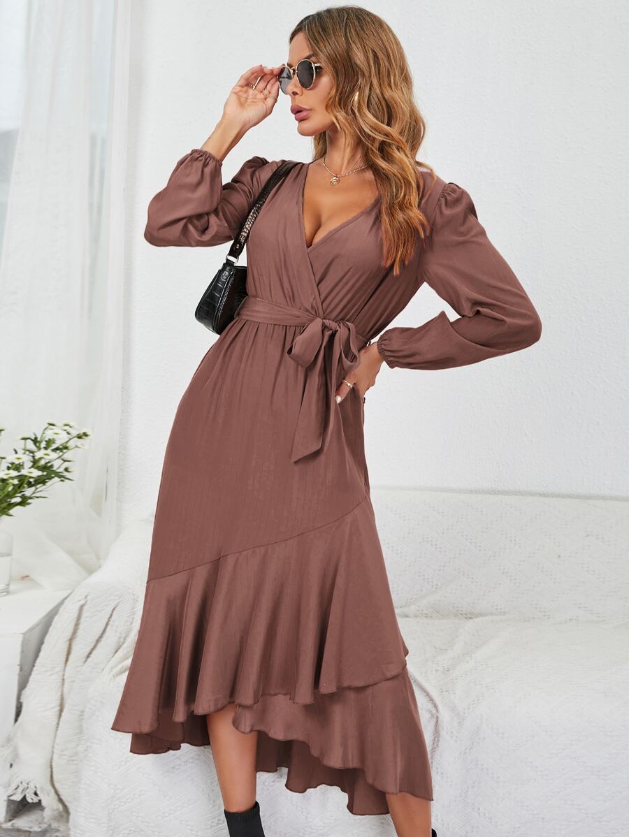 腰帶荷葉邊圍裹式連衣裙 - 鏽棕色 - 查看 1
