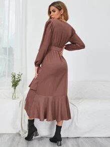 腰帶荷葉邊圍裹式連衣裙 - 鏽棕色 - 查看 2