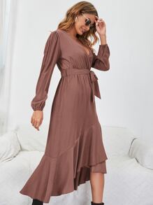 腰帶荷葉邊圍裹式連衣裙 - 鏽棕色 - 查看 3