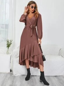 腰帶荷葉邊圍裹式連衣裙 - 鏽棕色 - 查看 4