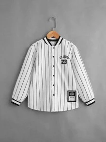 SHEIN 男孩條紋圖案和字母圖案補丁細節襯衫