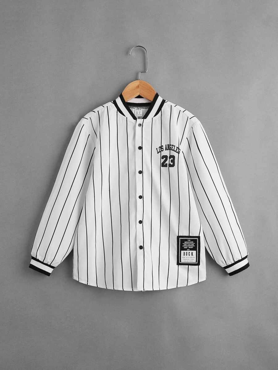SHEIN 男孩條紋圖案和字母圖案補丁細節襯衫