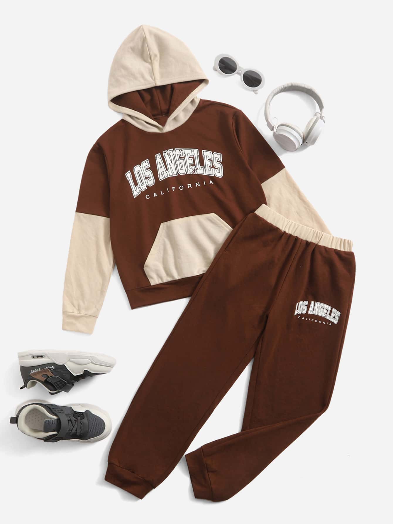 SHEIN Boys Letter Graphic Two Tone Hoodie & Joggers - Coffee Brown - View 1