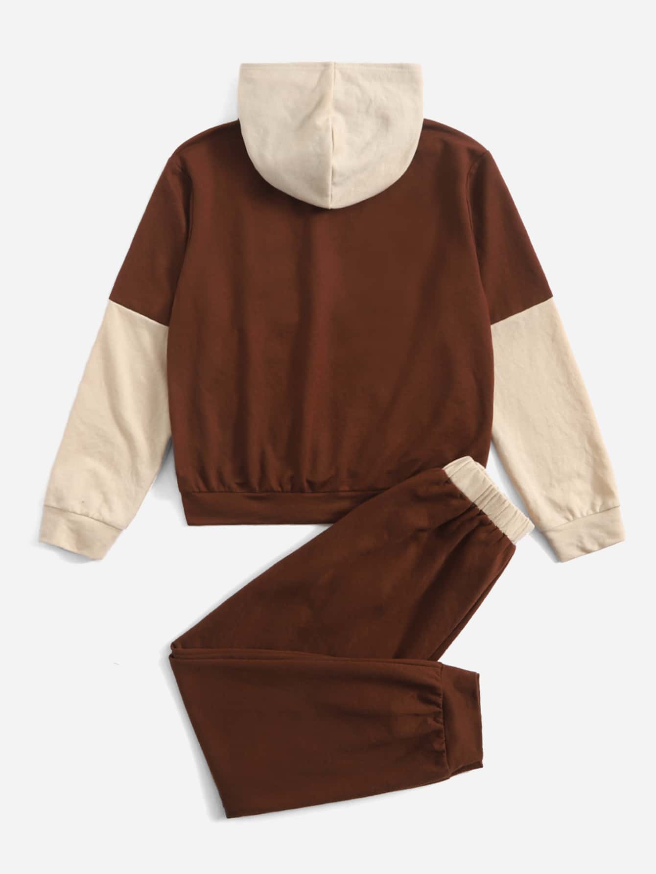 SHEIN Boys Letter Graphic Two Tone Hoodie & Joggers - Coffee Brown - View 2