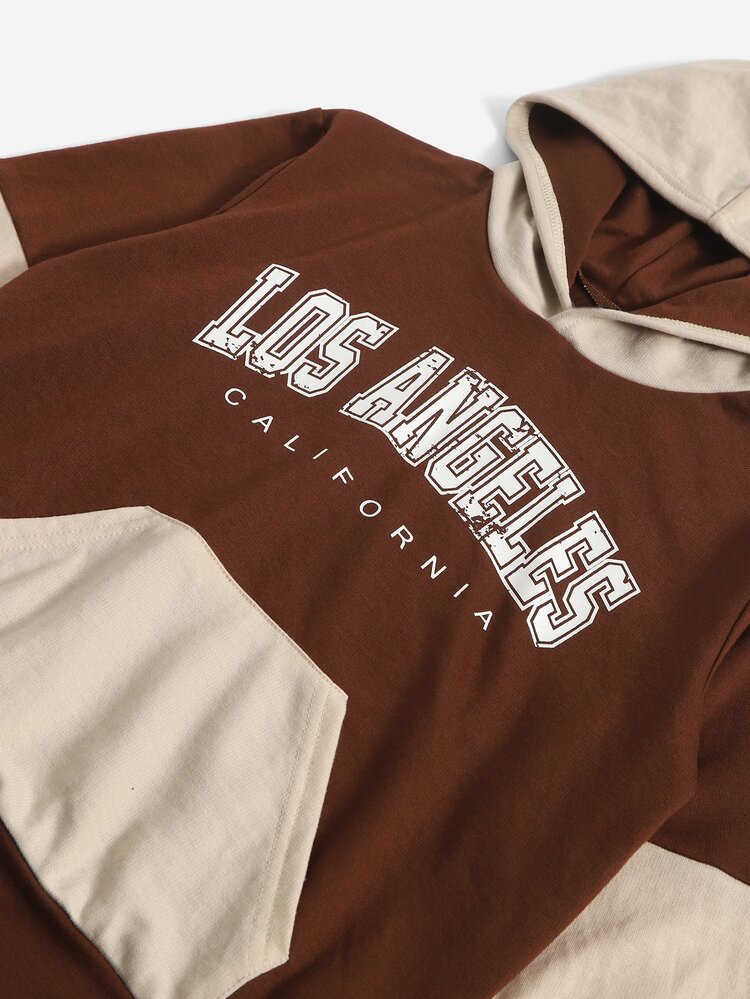 SHEIN Boys Letter Graphic Two Tone Hoodie & Joggers - Coffee Brown - View 3