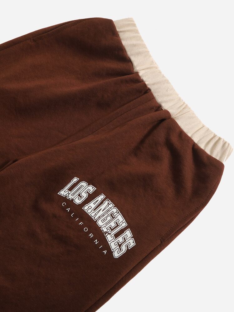 SHEIN Boys Letter Graphic Two Tone Hoodie & Joggers - Coffee Brown - View 4