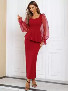 Missord 網紗荷葉袖荷葉邊下擺連衣裙