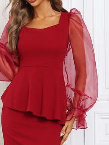 Missord 網紗荷葉袖荷葉邊下擺連衣裙