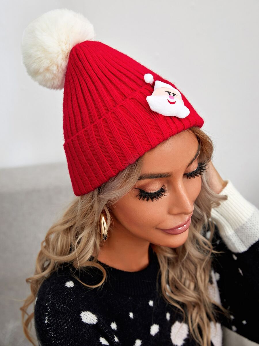 Pom-pom Decor Christmas Beanie - Red - View 1