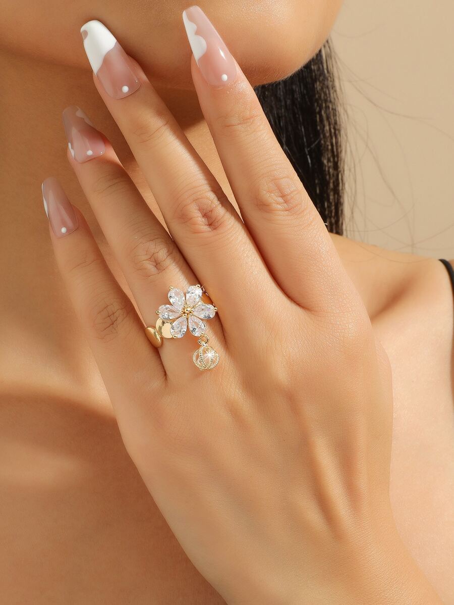 Nhẫn Khối Zirconia  Trang trí Hoa - Vàng - Xem 1