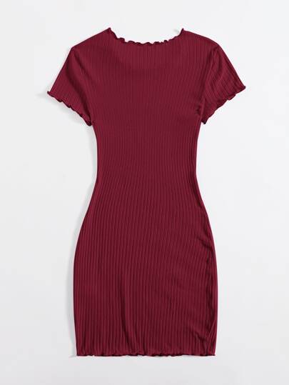 SHEIN EZwear Summer Outfits Lettuce Trim Rib-Knit Bodycon Dress,Summer Dresses For Women