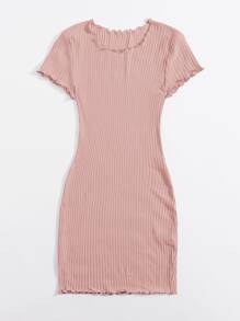 SHEIN EZwear Vestido ajustado tejido de canalé ribete en forma de lechuga - Rosa Pálido - Ver 5