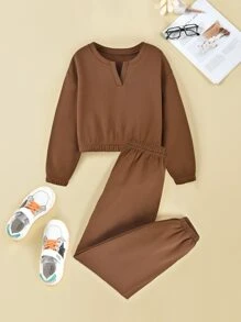 Niñas de cuello V Pullover & Pantalones deportivos - Café integral - Ver 1