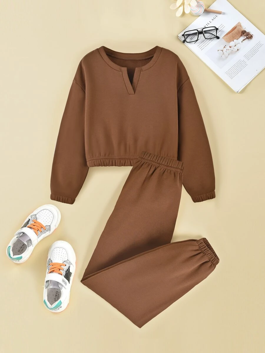 Niñas de cuello V Pullover & Pantalones deportivos - Café integral - Ver 1