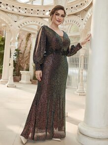 Modelyn 大碼開衩燈籠袖貼花亮片正式連衣裙 - 彩色 - 查看 1