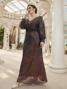 Modelyn 大碼開衩燈籠袖貼花亮片正式連衣裙 - 彩色 - 查看 4