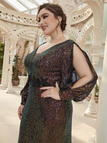 Modelyn 大碼開衩燈籠袖貼花亮片正式連衣裙 - 彩色 - 查看 5