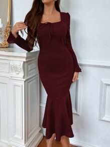 SHEIN Belle 前繫帶方領荷葉袖魚尾裙下擺緊身洋裝 - 紫紅色 - 查看 3