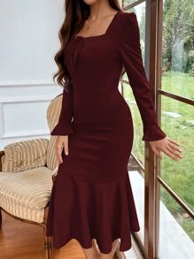 SHEIN Belle 前繫帶方領荷葉袖魚尾裙下擺緊身洋裝 - 紫紅色 - 查看 4