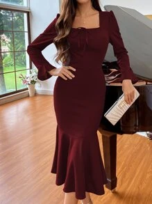 SHEIN Belle 前繫帶方領荷葉袖魚尾裙下擺緊身洋裝 - 紫紅色 - 查看 5