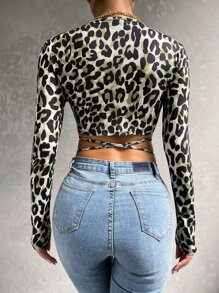 Leopard Print Crisscross Tie Front Crop Wrap Top - Multicolor - View 2