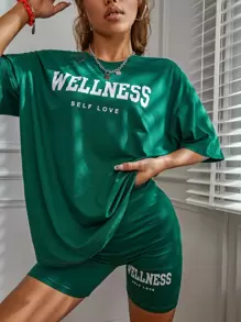 SHEIN Unity Letter Graphic Drop Shoulder Tee & Cycling Shorts - Green - View 1