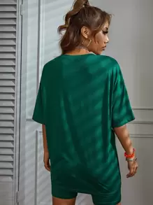 SHEIN Unity Letter Graphic Drop Shoulder Tee & Cycling Shorts - Green - View 2