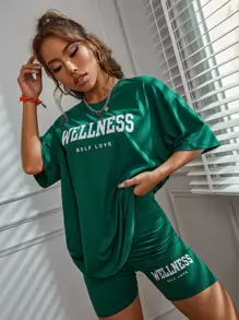 SHEIN Unity Letter Graphic Drop Shoulder Tee & Cycling Shorts - Green - View 3