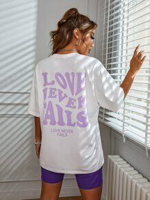 SHEIN Unity Camiseta de hombros caídos con diseño de letra LOVE NEVER FAILS - Blanco - Ver 3