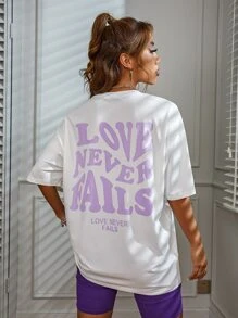 SHEIN Unity Camiseta de hombros caídos con diseño de letra LOVE NEVER FAILS - Blanco - Ver 4