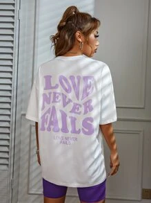 SHEIN Unity Camiseta de hombros caídos con diseño de letra LOVE NEVER FAILS - Blanco - Ver 6