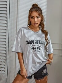 SHEIN Unity 字母和熱帶圖案落肩T恤 - 淺灰色 - 查看 5