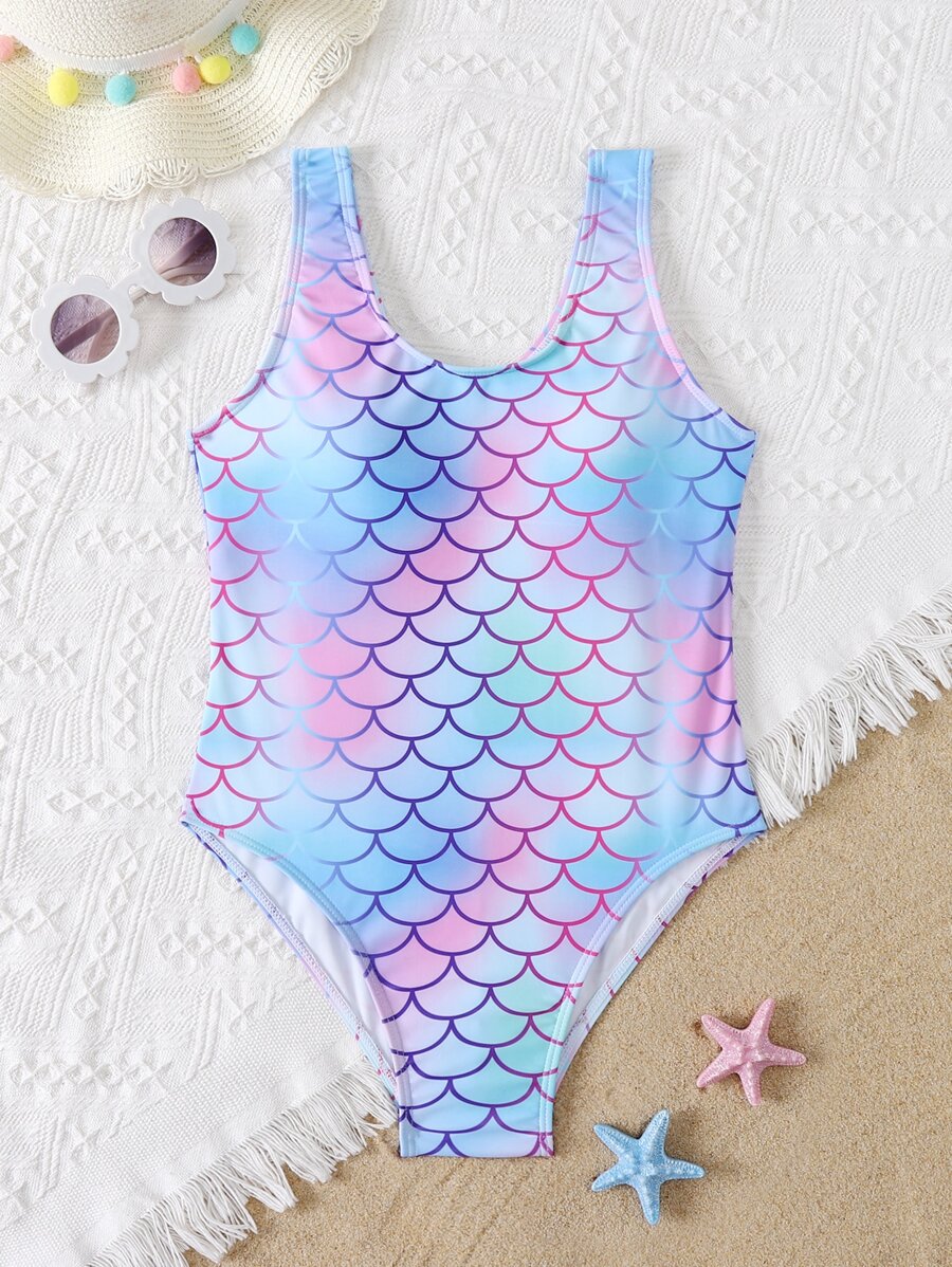 Niñas Bañador una pieza con estampado de escama de pescado - Azul - Ver 1