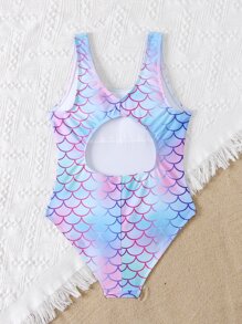 Niñas Bañador una pieza con estampado de escama de pescado - Azul - Ver 2