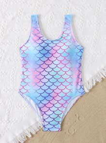 Niñas Bañador una pieza con estampado de escama de pescado - Azul - Ver 5
